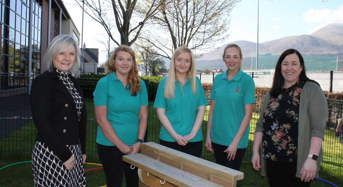 Director of Strategic Planning, Quality & Support, Heather McKee with Little SERC  Nursery Assistants team, Heather White, Lindsay Vize, Colleen Caldwell and  Ursula Maginn, Creche Manager